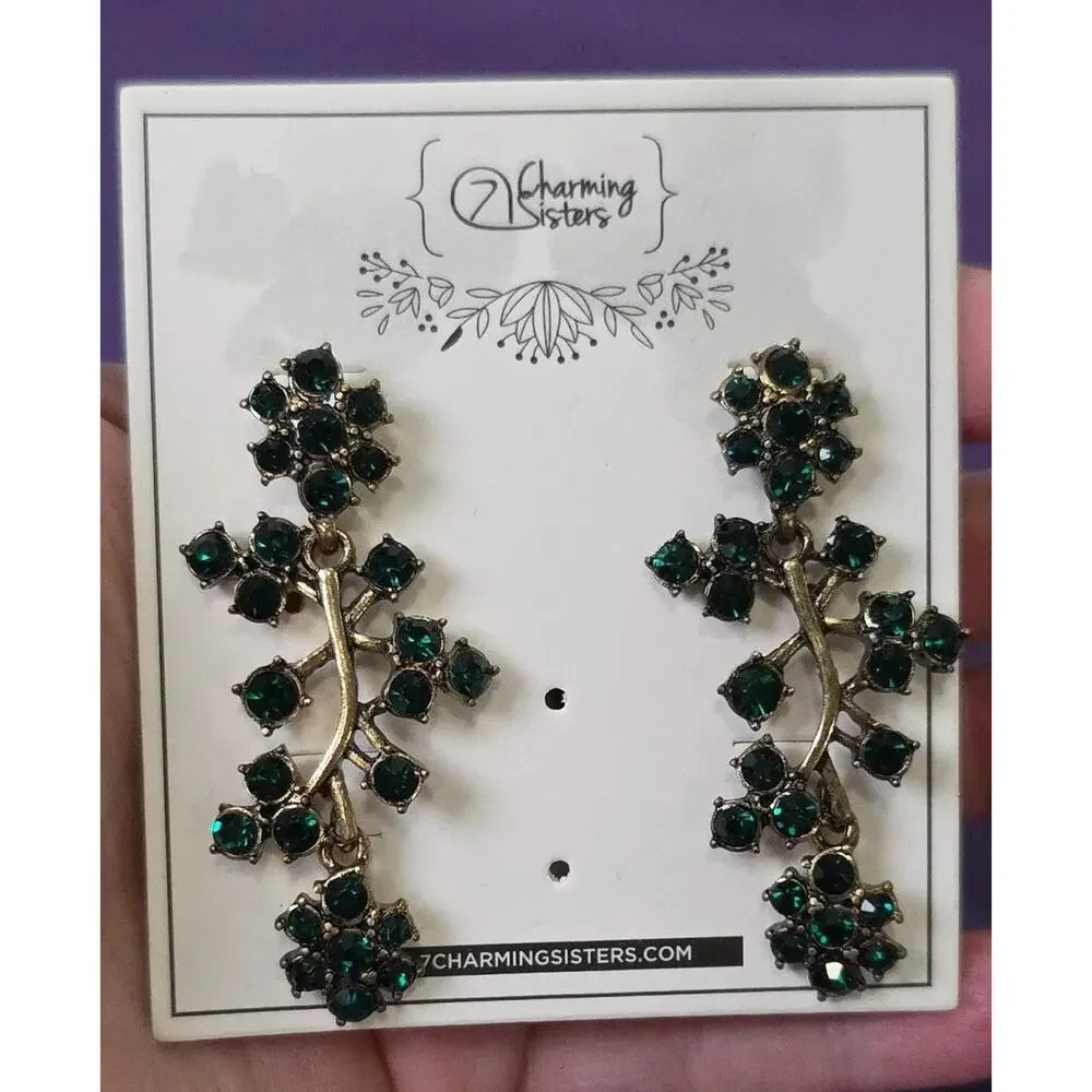 Green Rhinestone Crystal Flower Chandelier Dangle Earrings Antiqued Gold Tone